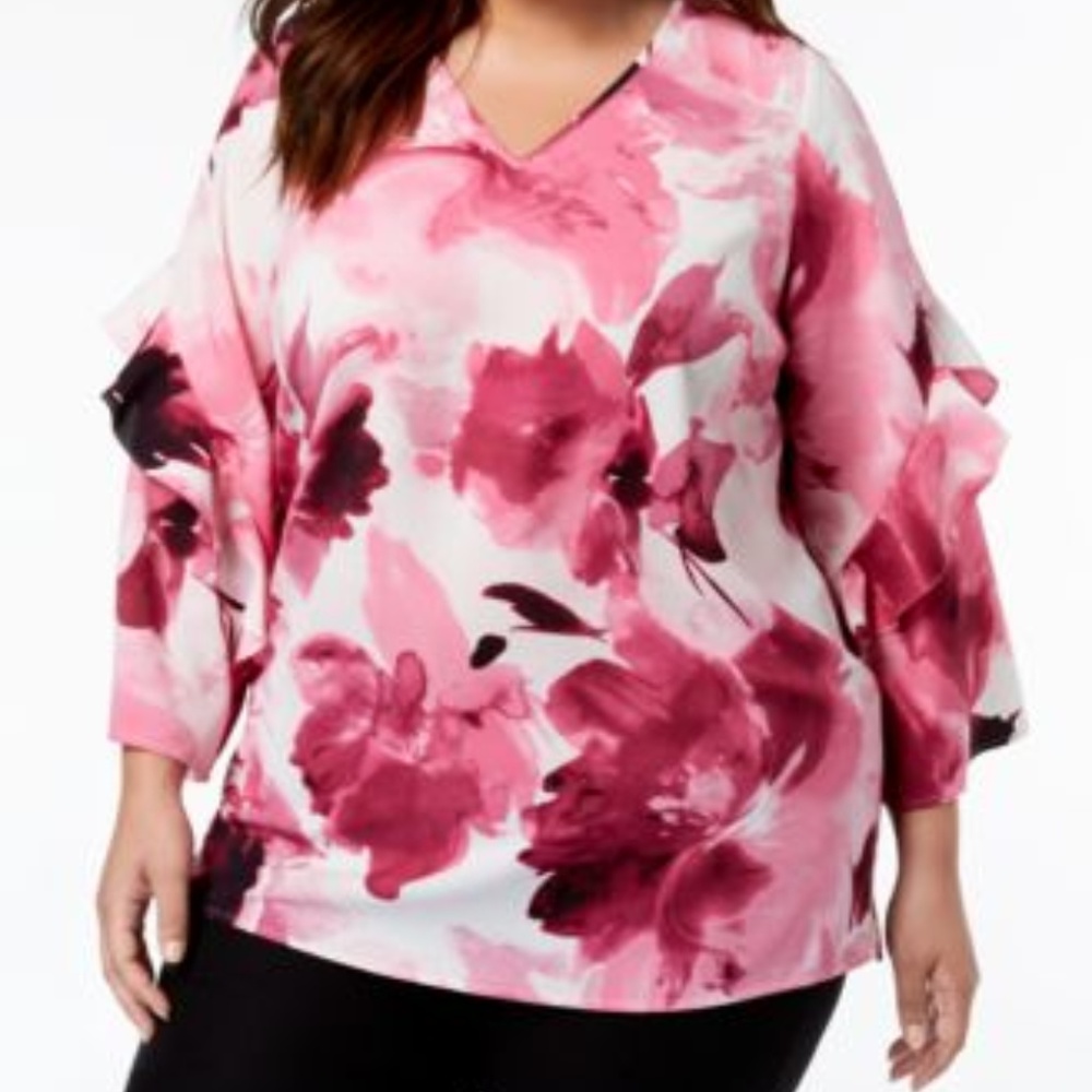 Alfani V Neck Flounce Tiered Ruffle Sleeve Top